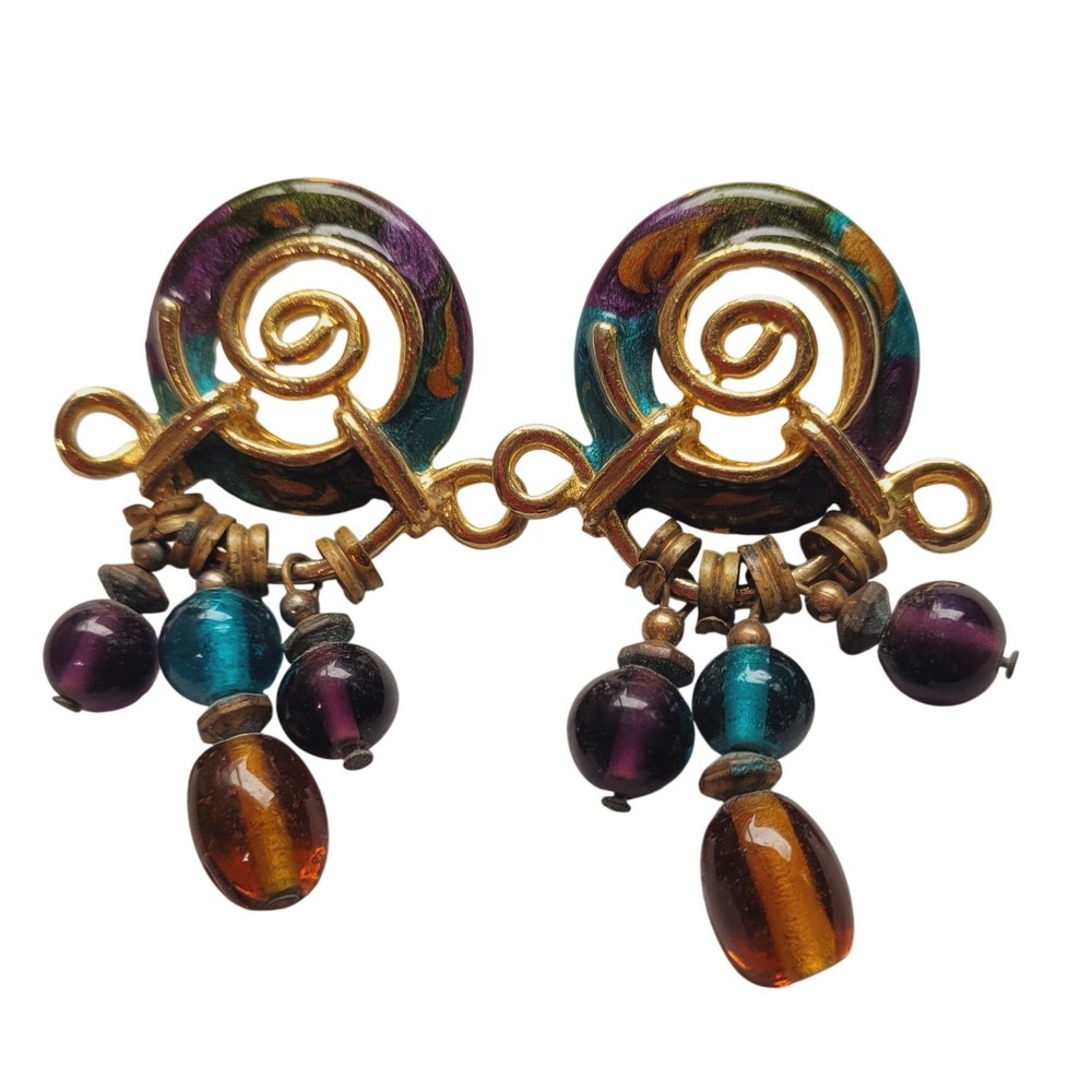 Vintage Earrings Women OS Spiral Enamel Bead Gold Tone Boho Statement Jewel Tone